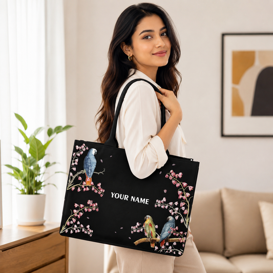 Personalized Floral Bird Tote Bag with Custom Name