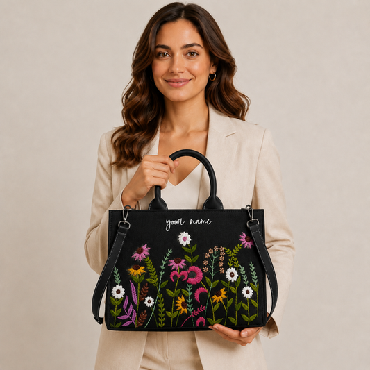 Personalized Floral Embroidered Canvas Office Tote Bag