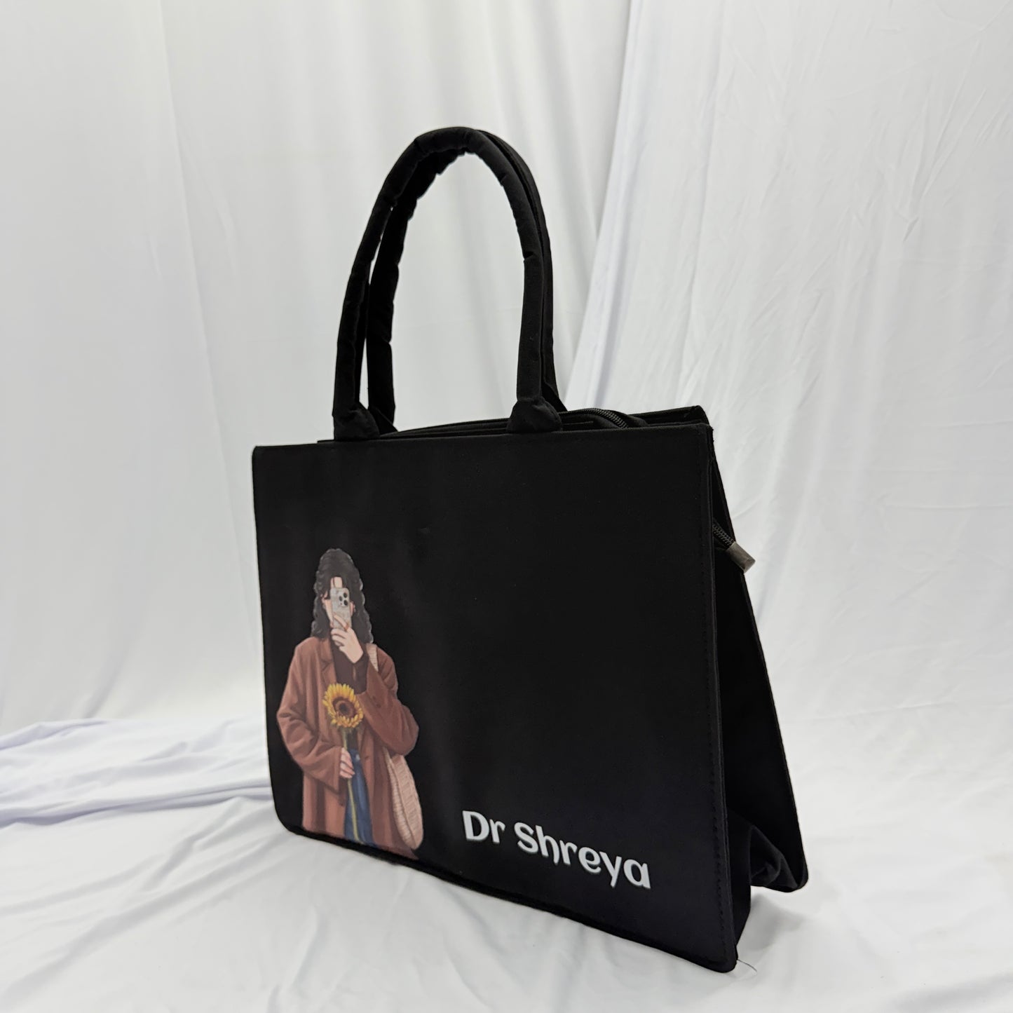 Personalized Black Tote Bag with Custom Name&Girl Illustration