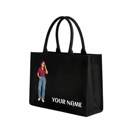 Personalized Cartoon Character Tote Bag with Custom Name | Premium Black Canvas Tote