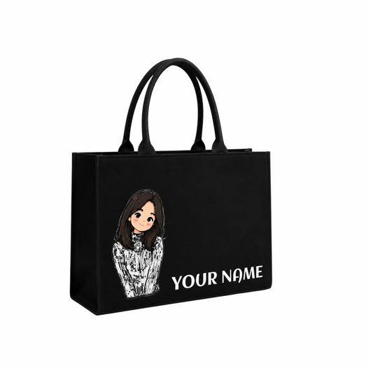 Personalized Cute Girl Name Black Canvas Tote Bag | Custom Aesthetic Shoulder Bag for Women