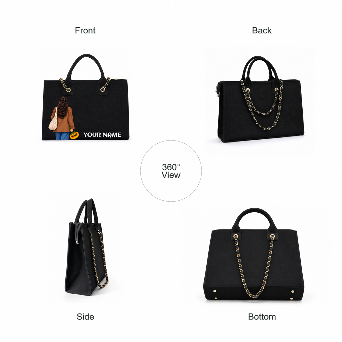 IN VALTRO – Personalized Black Laptop Tote Bag with Gold Chain Handles