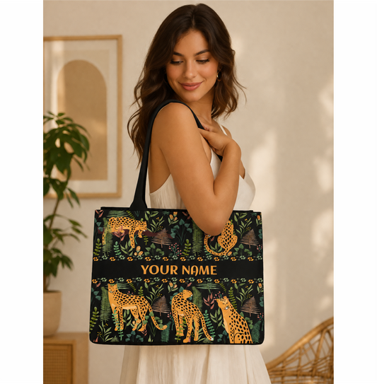 Personalized Leopard Jungle Print Women's Tote Bag with Custom Name