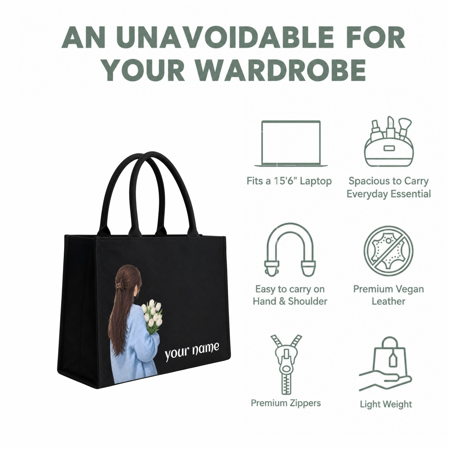 Personalized Girl & Flower Black Tote Bag