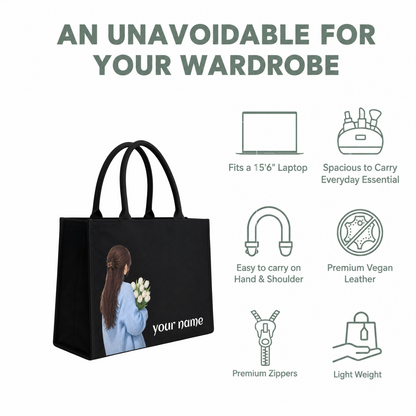 Personalized Girl & Flower Black Tote Bag