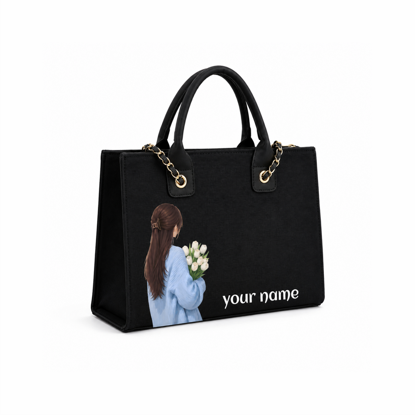 Personalized Girl With Flowers Black Tote Bag – Custom Name Handbag