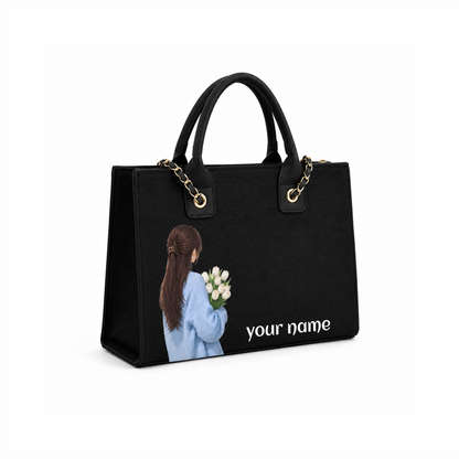 Personalized Girl With Flowers Black Tote Bag – Custom Name Handbag