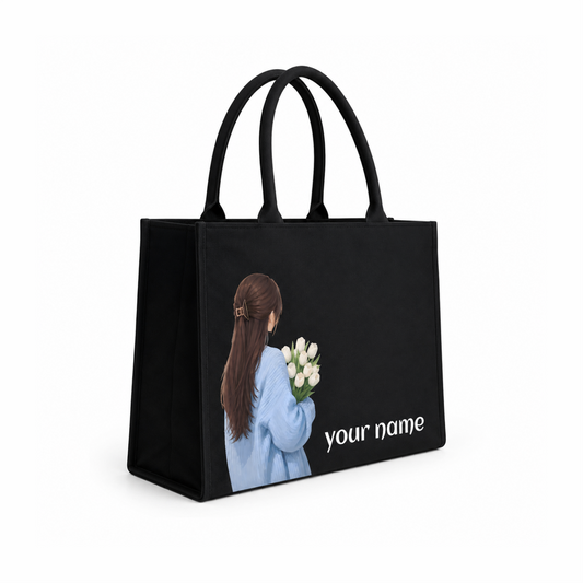 Personalized Girl & Flower Black Tote Bag