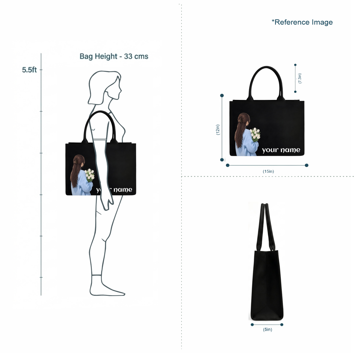 Personalized Girl & Flower Black Tote Bag