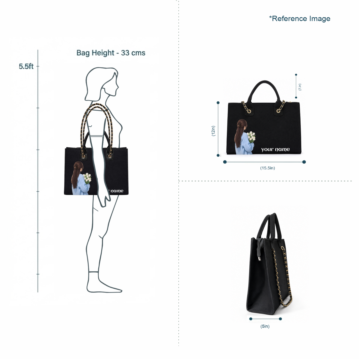 Personalized Girl With Flowers Black Tote Bag – Custom Name Handbag