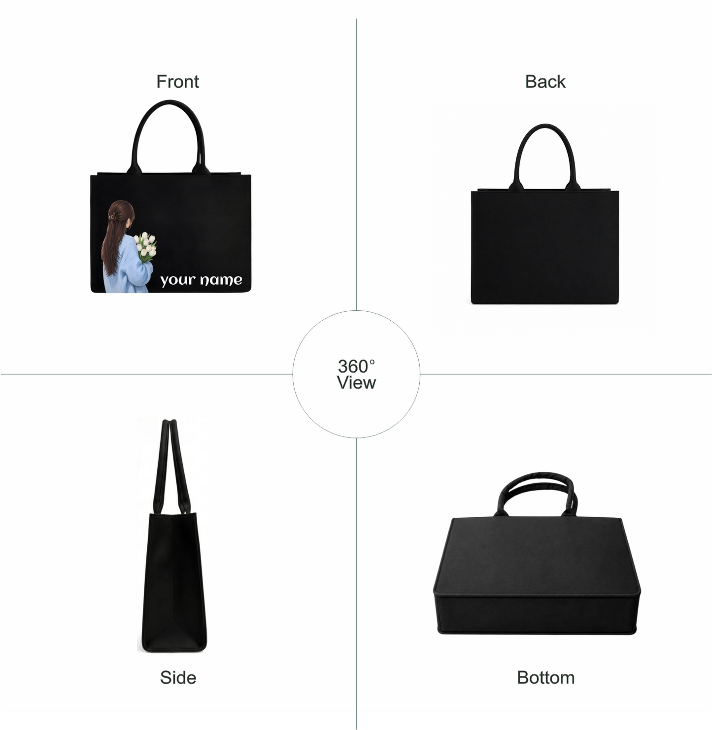 Personalized Girl & Flower Black Tote Bag