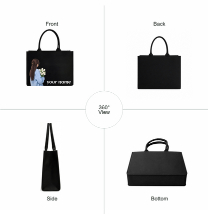 Personalized Girl & Flower Black Tote Bag