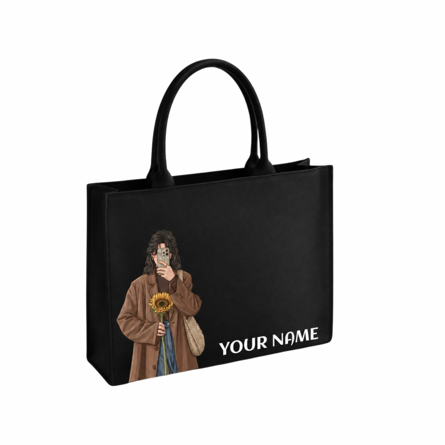 Personalized Black Tote Bag with Custom Name&Girl Illustration