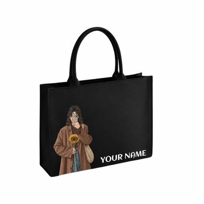 Personalized Black Tote Bag with Custom Name&Girl Illustration