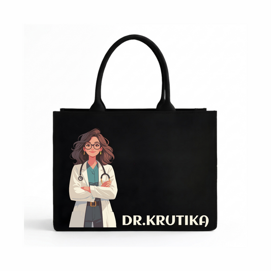 Personalized Doctor Name & Photo Printed Black Laptop Tote Bag – Custom DTF Printed Work & Office Bag