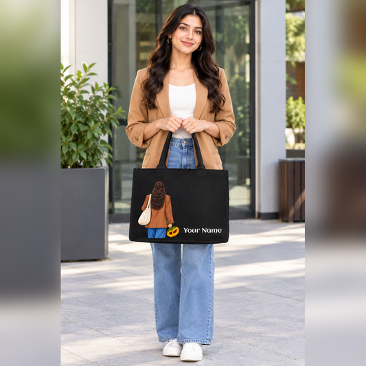 Personalized Black Canvas Tote Bag with Custom Name & Sunflower Design