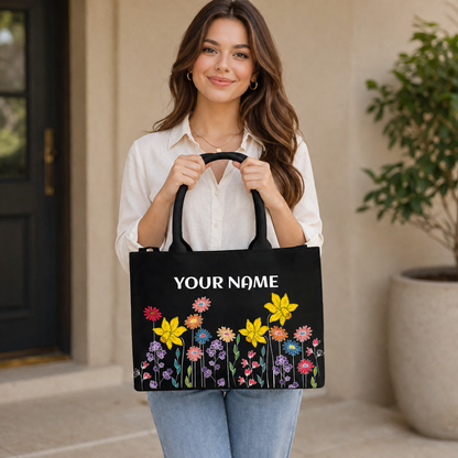 Personalized Floral Name Tote Bag for Women – Premium Black Vegan Leather Shoulder Tote
