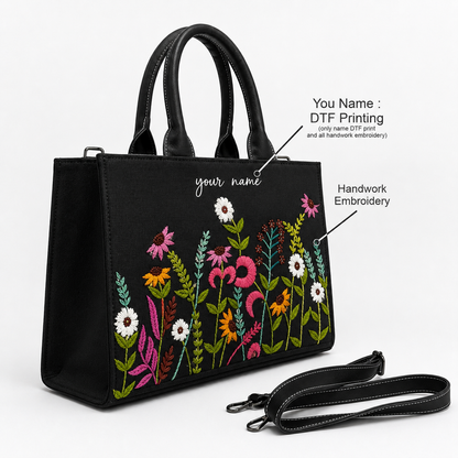 Personalized Black Floral Embroidered Tote Bag