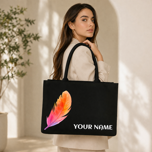 Personalized Colorful Feather Tote Bag with Custom Name