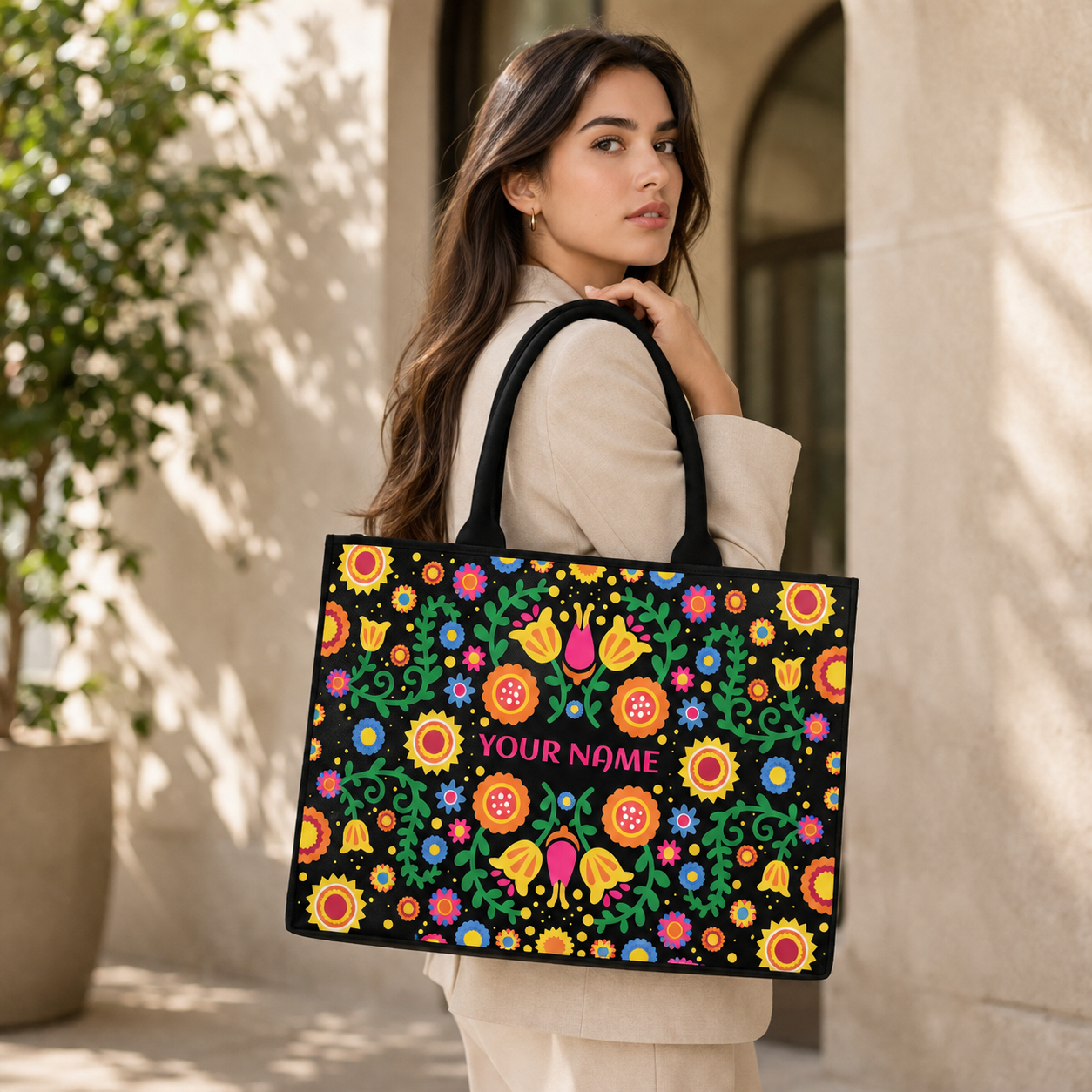 Personalized Folk Floral Tote Bag – Custom Name Ethnic Handbag with Vibrant Boho Print