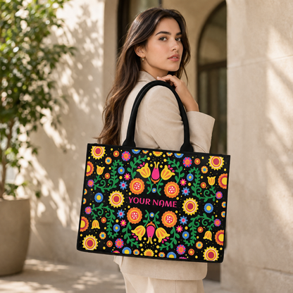 Personalized Folk Floral Tote Bag – Custom Name Ethnic Handbag with Vibrant Boho Print