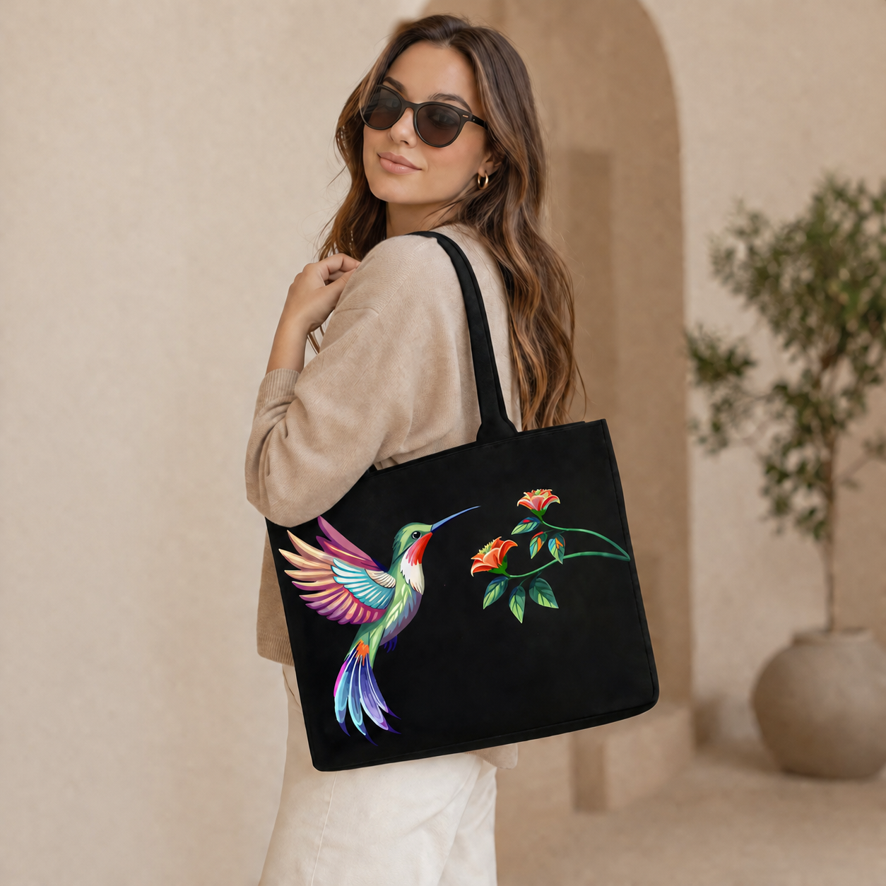 Customized Hummingbird Tote Bag for Women |In Valtro Personalized Premium Black Handbag with Name