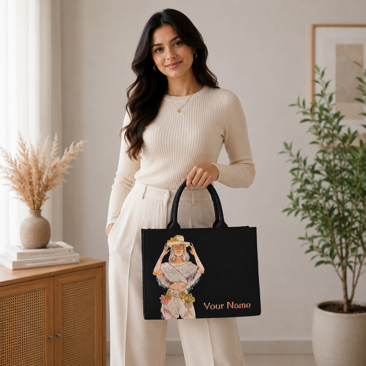 Personalized Fashion Girl Tote Bag – Custom Name DTF Printed Black Laptop Tote Bag