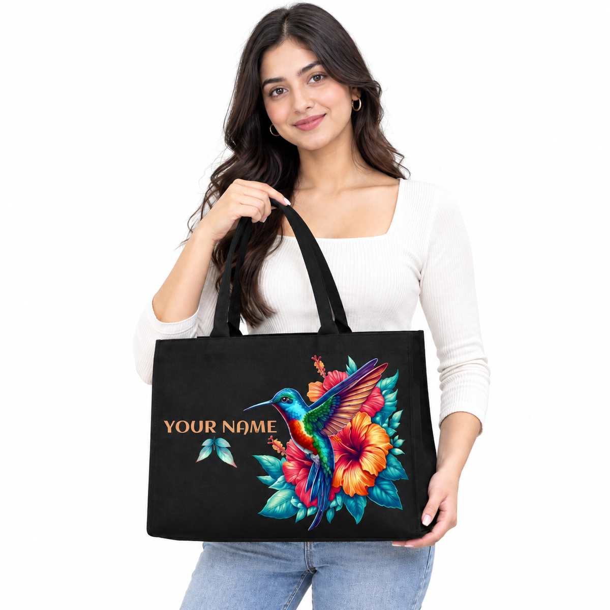 Personalized Hummingbird Floral Tote Bag