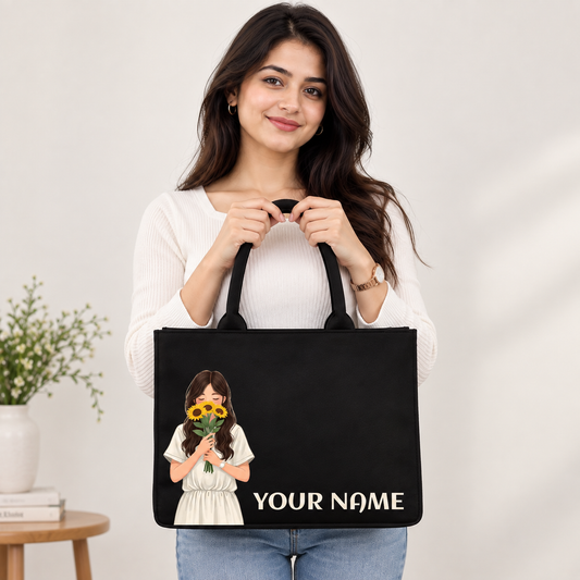 Personalized Women's Black Tote Bag with Custom Name & Girl Print