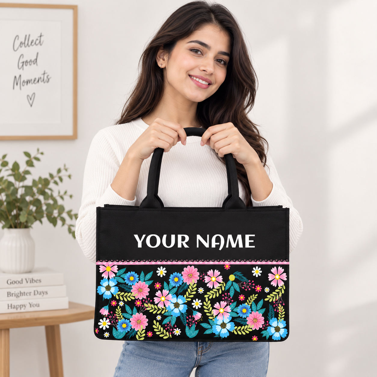 Personalized Floral Name Tote Bag for Women