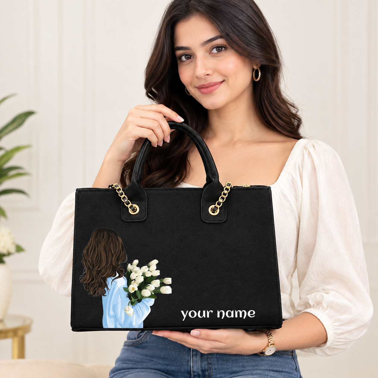 Personalized Black Floral Tote Bag – Custom Name Handbag for Women