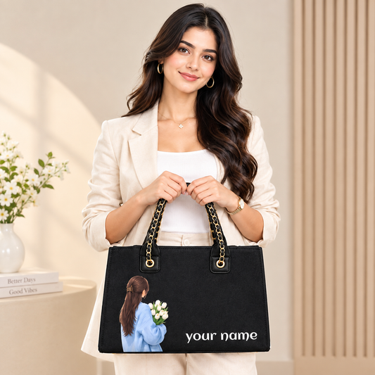 Personalized Girl With Flowers Black Tote Bag – Custom Name Handbag