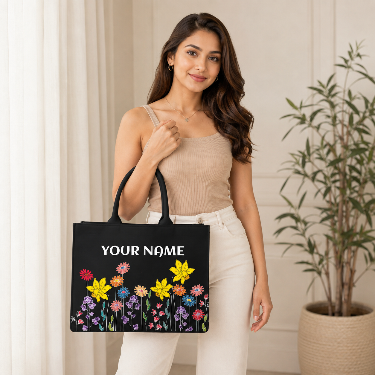 Personalized Floral Name Tote Bag for Women – Premium Black Vegan Leather Shoulder Tote