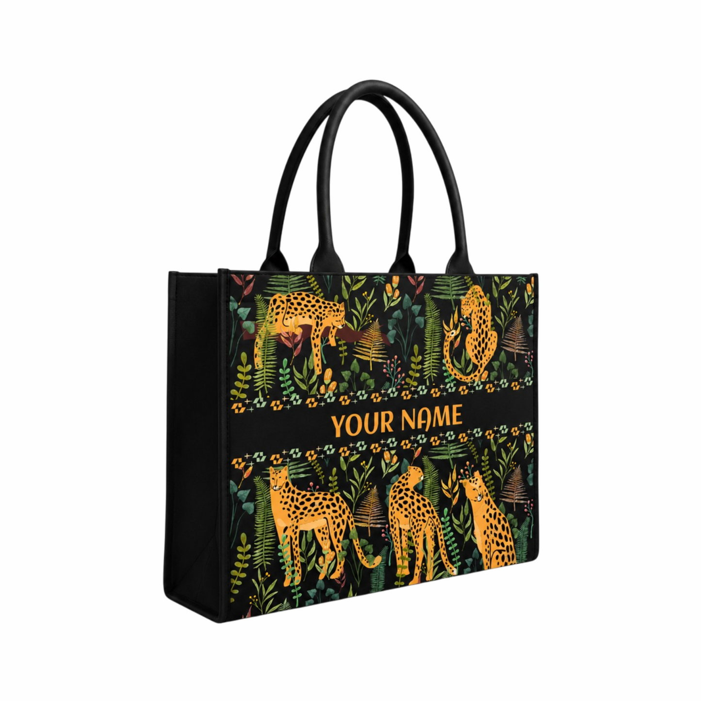 Personalized Leopard Jungle Print Women's Tote Bag with Custom Name