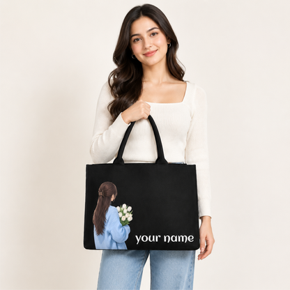 Personalized Girl & Flower Black Tote Bag