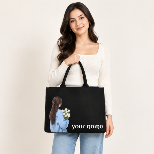 Personalized Girl & Flower Black Tote Bag