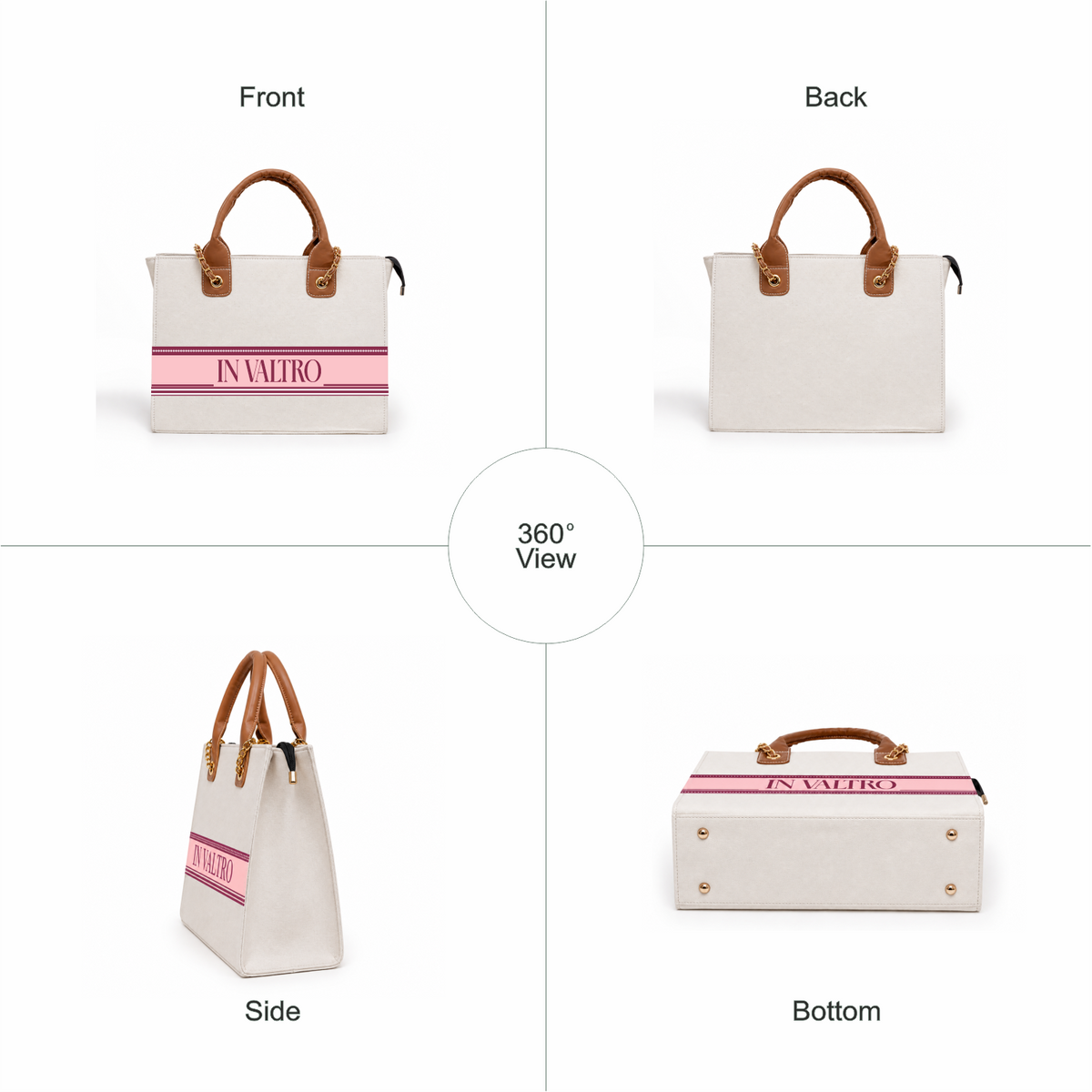 360 degree view of customized women's canvas tote bag showing front back side and bottom