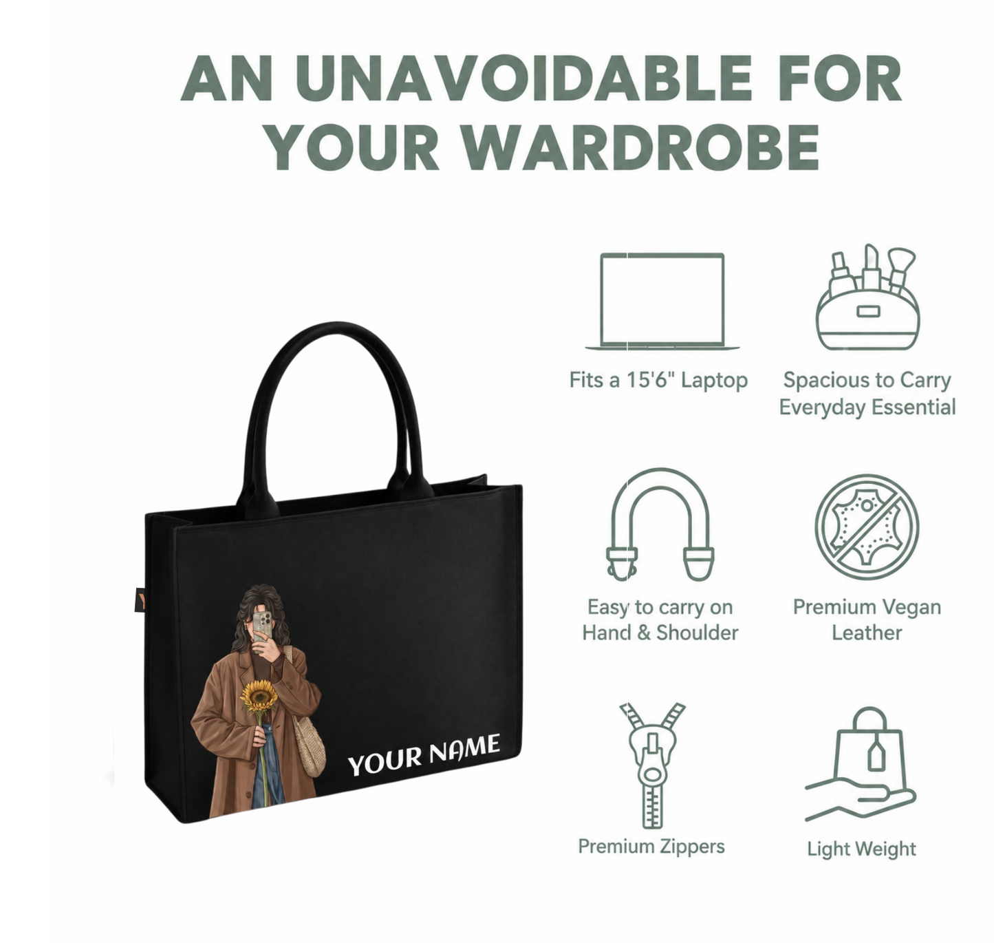 Personalized Black Tote Bag with Custom Name&Girl Illustration