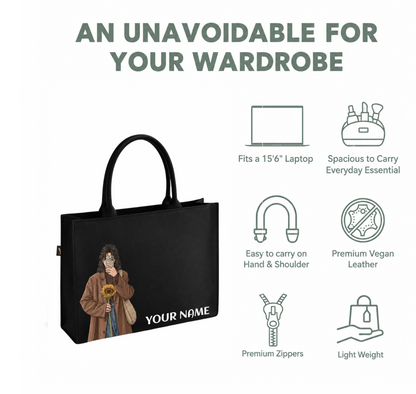 Personalized Black Tote Bag with Custom Name&Girl Illustration