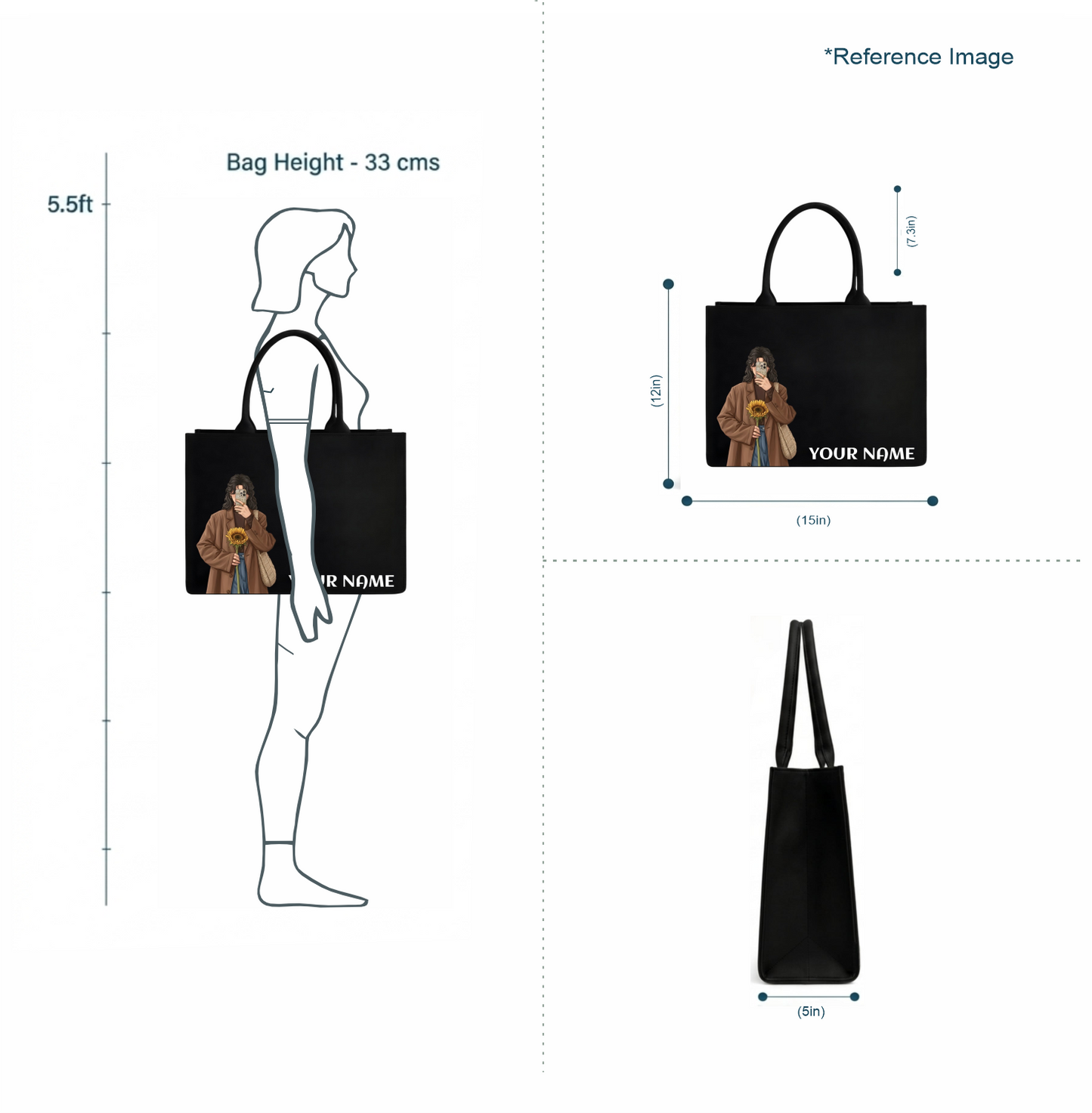 Personalized Black Tote Bag with Custom Name&Girl Illustration