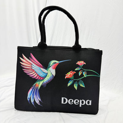 Customized Hummingbird Tote Bag for Women |In Valtro Personalized Premium Black Handbag with Name