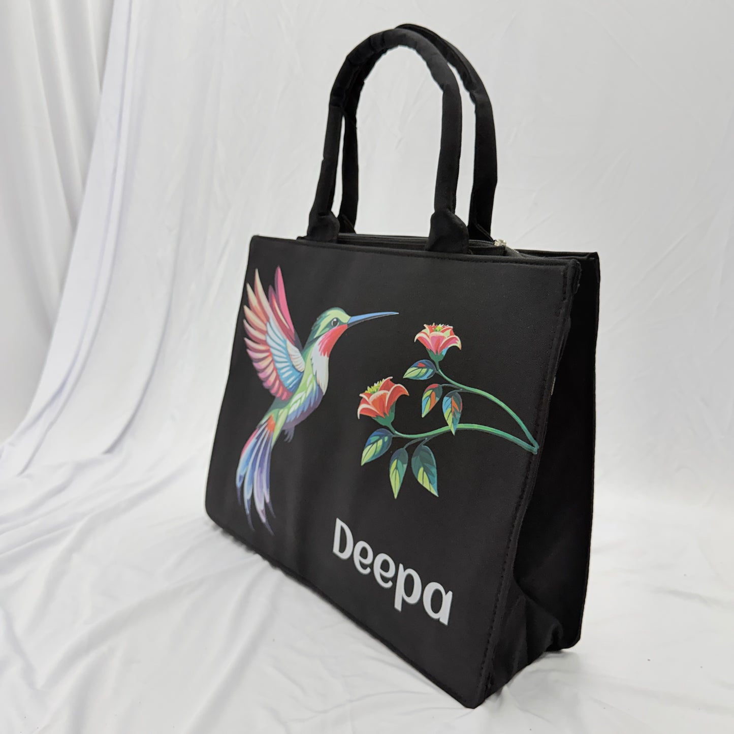 Customized Hummingbird Tote Bag for Women |In Valtro Personalized Premium Black Handbag with Name