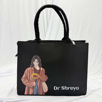 Personalized Black Tote Bag with Custom Name&Girl Illustration