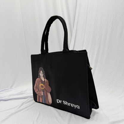 Personalized Black Tote Bag with Custom Name&Girl Illustration