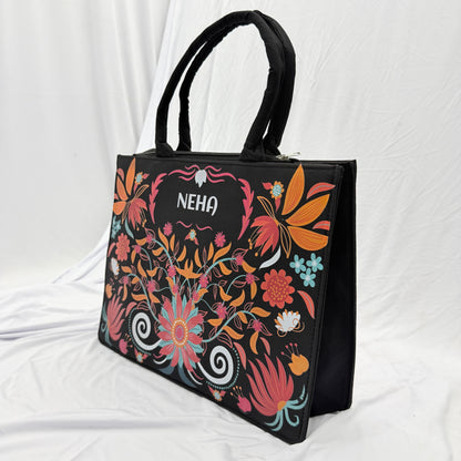 Personalized Floral Name Tote Bag – Custom Botanical Canvas Handbag for Women