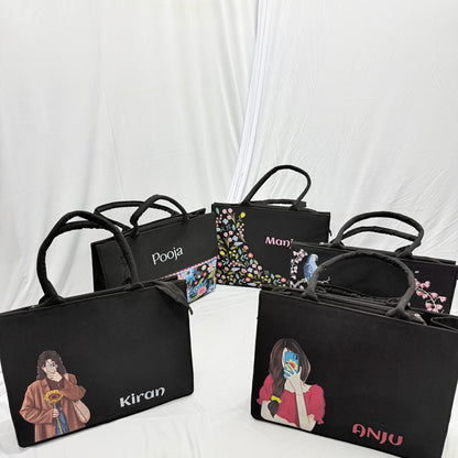 Personalized Selfie Girl Name Black Canvas Tote Bag | Custom Cute Shoulder Bag for Women & Girls