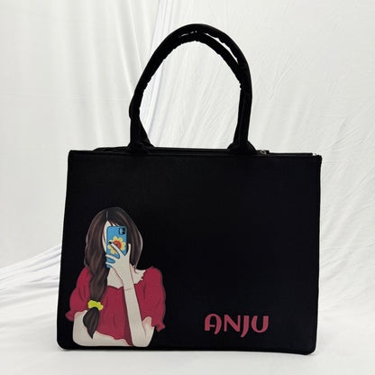 Personalized Selfie Girl Name Black Canvas Tote Bag | Custom Cute Shoulder Bag for Women & Girls