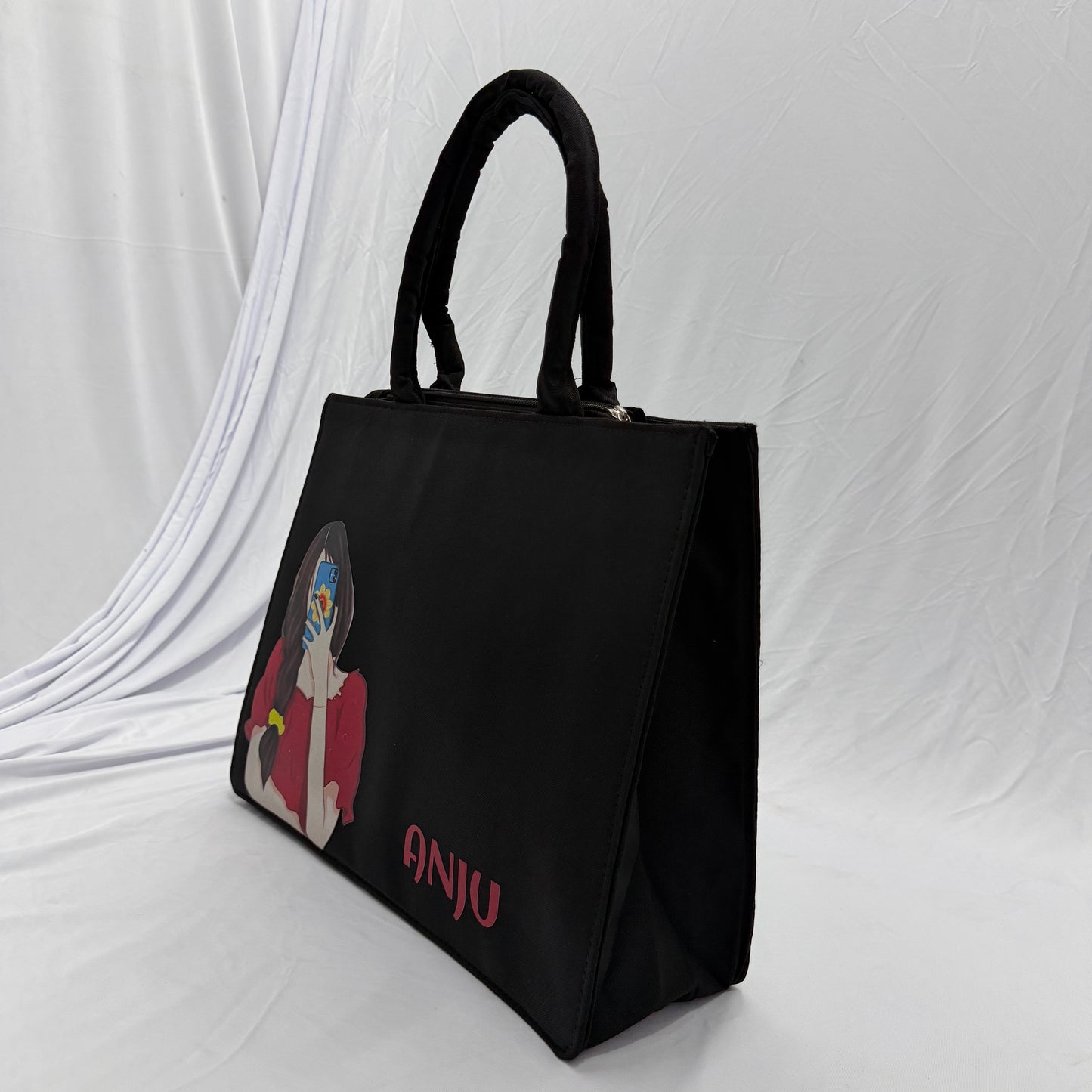 Personalized Selfie Girl Name Black Canvas Tote Bag | Custom Cute Shoulder Bag for Women & Girls