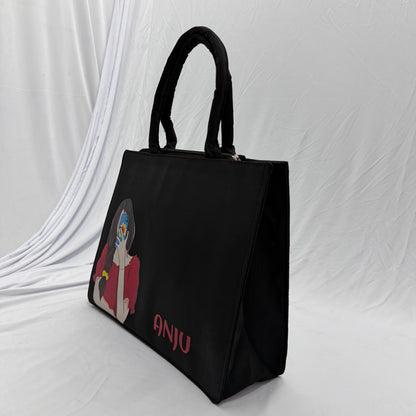 Personalized Selfie Girl Name Black Canvas Tote Bag | Custom Cute Shoulder Bag for Women & Girls