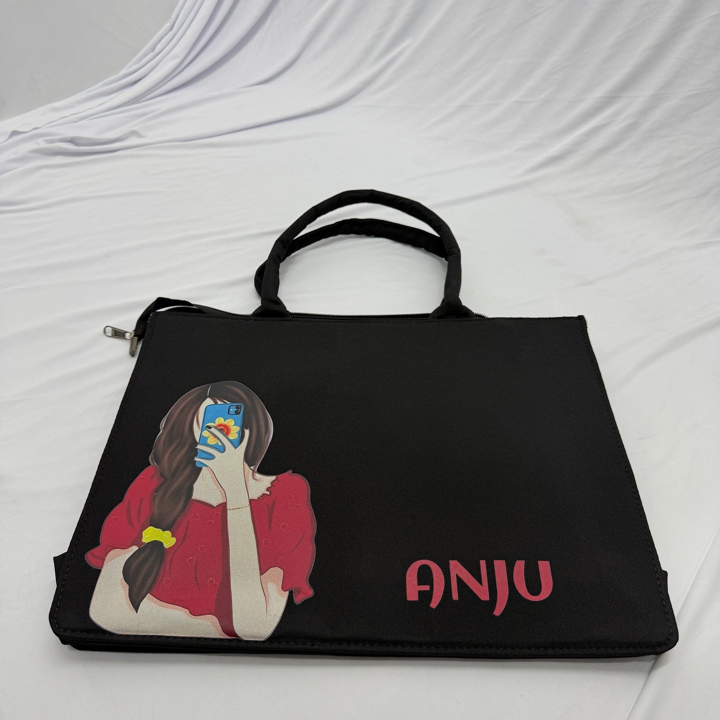 Personalized Selfie Girl Name Black Canvas Tote Bag | Custom Cute Shoulder Bag for Women & Girls